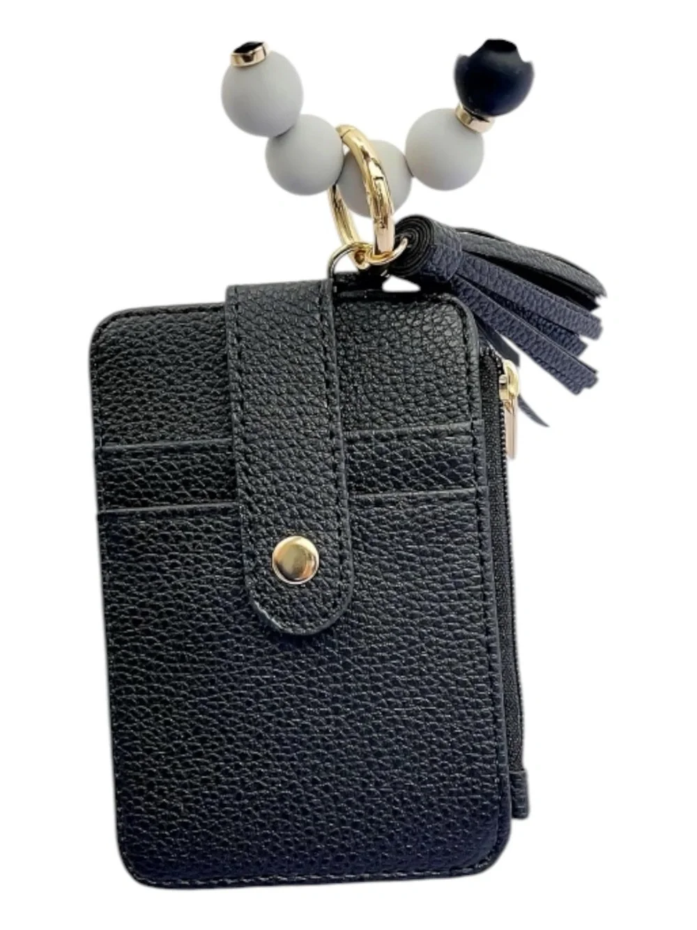 Black Wristlet Card Holder Keychain with Matte Black & White Bead Bracelet